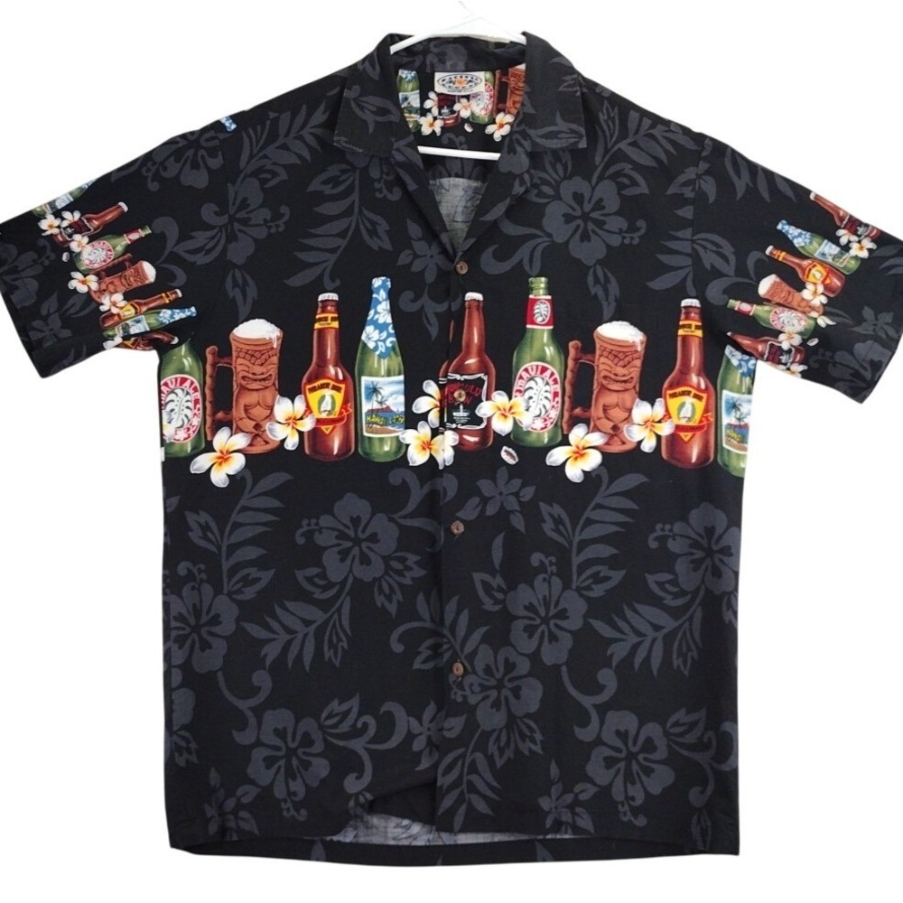 Pacific Legend Mens Hawaiian Shirt Black Beer Tiki Mug Tropical Aloha L‎